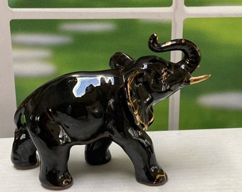 VTG Ceramic Black Elephant With Gold Accents Figurine 97g