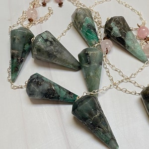 Genuine Emerald Pointed Pendulum with Rose Quartz Metaphysical Dowsing image 7