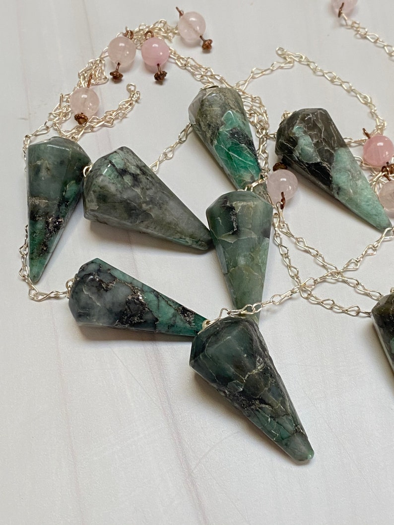 Genuine Emerald Pointed Pendulum with Rose Quartz Metaphysical Dowsing image 7