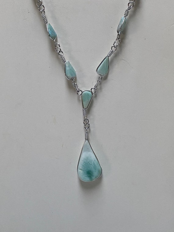 Larimar Pendant Chain Necklace Silver Wire Wrapped