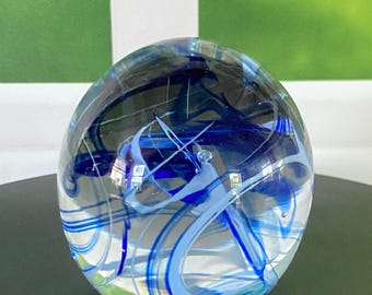 Cobalt Blue Spiral Glass Paperweight: Vintage Desk Decor