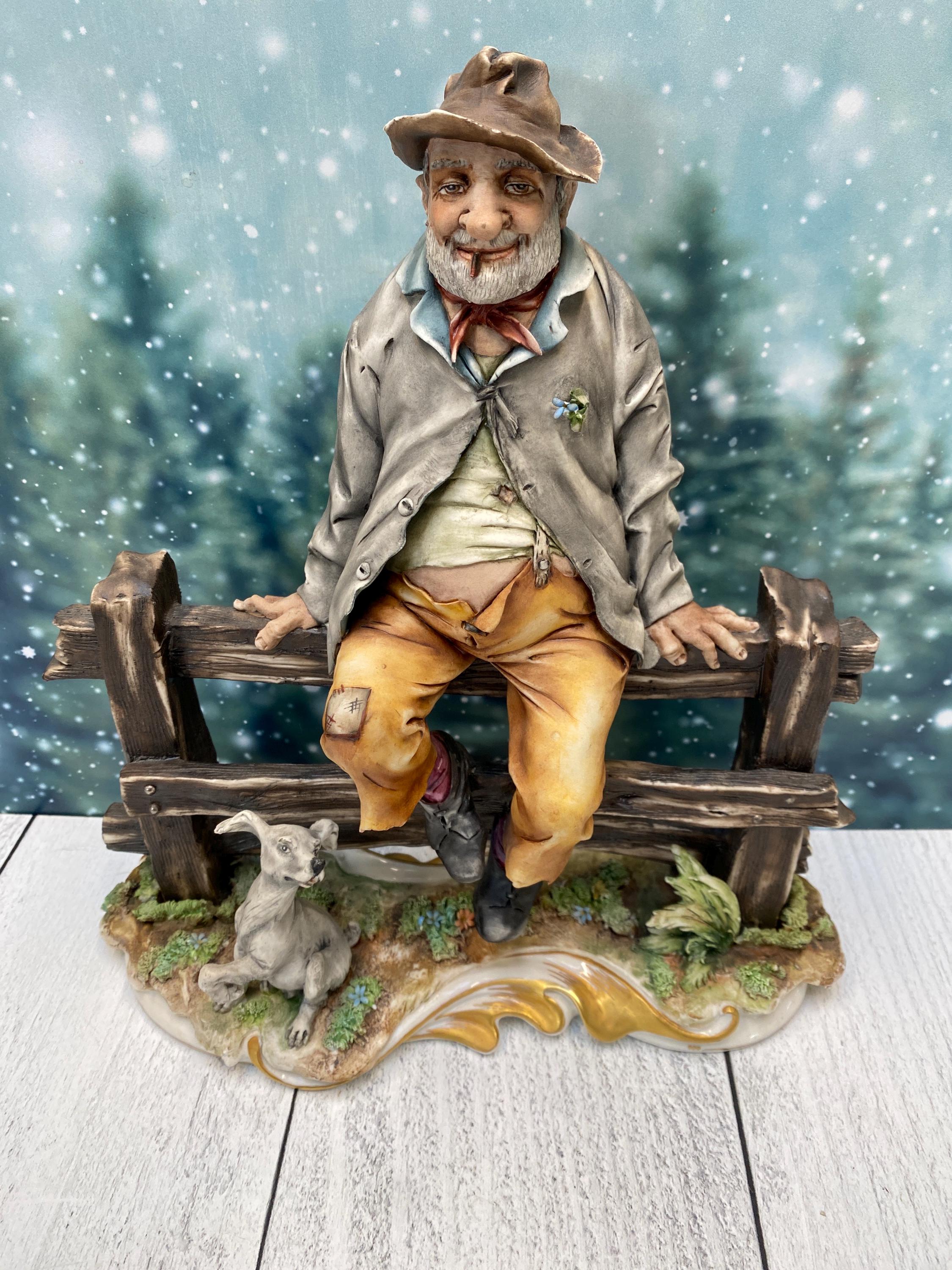 Vintage Capodimonte Style Porcelain Tramp on Fence With Dog