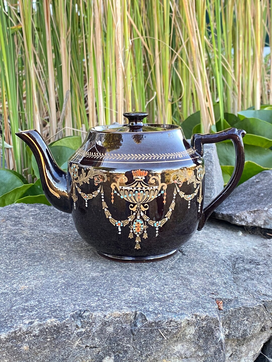 Vtg Stoneware Teapot, Raised Paint Teapot, Made in England No 1293 Gold