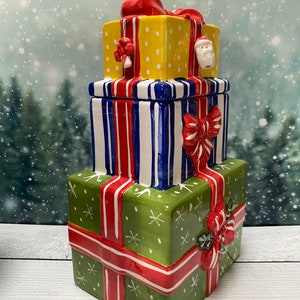 VTG 3 Tier Ceramic Christmas Presents Cookie Jar W/Hanging Ornaments IOB