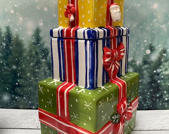 VTG 3 Tier Ceramic Christmas Presents Cookie Jar W/Hanging Ornaments IOB