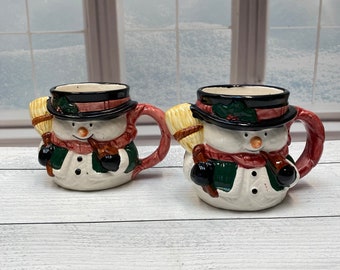 Vtg Fine Ceramic Christmas Snowman Mugs, Hand Decorated | Set of 2