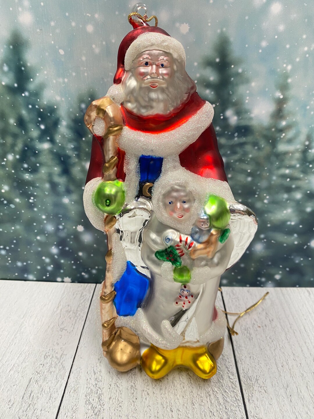 Vintage Santa & Angel Glass Ornament 9.5" Hand Painted Large Christmas ...