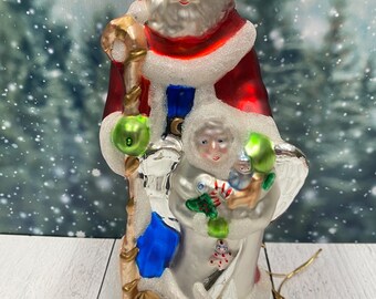 Vintage Santa & Angel Glass Ornament 9.5" Hand Painted Large Christmas Decor
