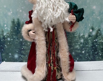 VTG Tapestry Gown & Fur Lined Red Robe Santa Claus with Gift Bag Tree Topper