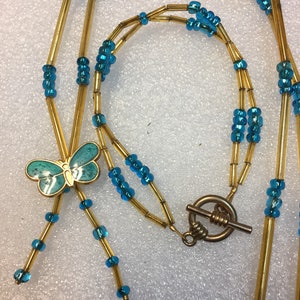 Boho Butterfly Beaded Jewelry Set - Gold & Blue Multi-Strand Necklace and Bracelet