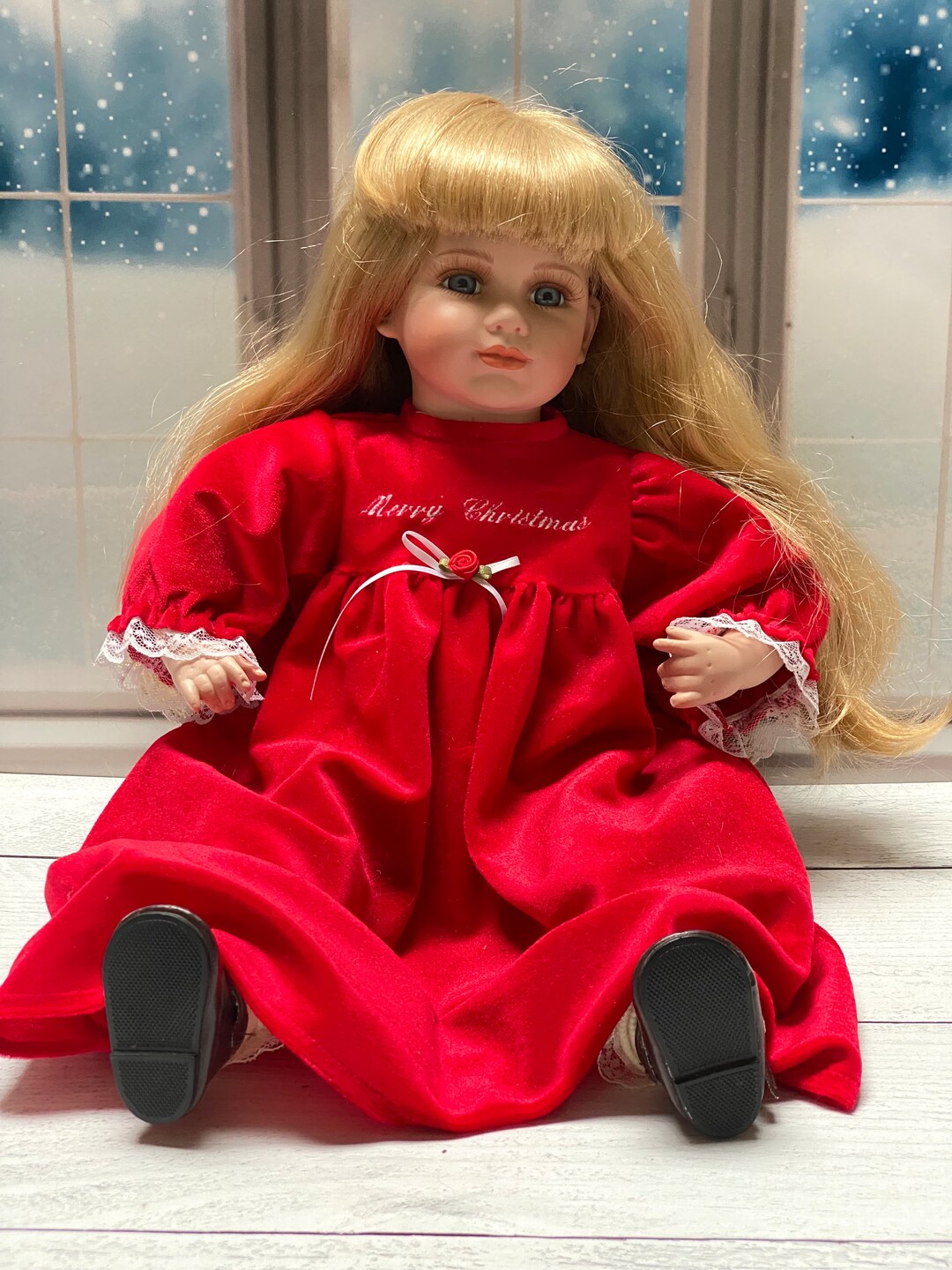 Vintage 19 Inch Porcelain Christmas Doll Girl With Blue Eyes Etsy