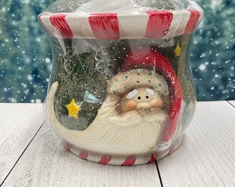 Believe in Santa Ceramic Christmas Cookie Jar Canister Red & Green New Sealed