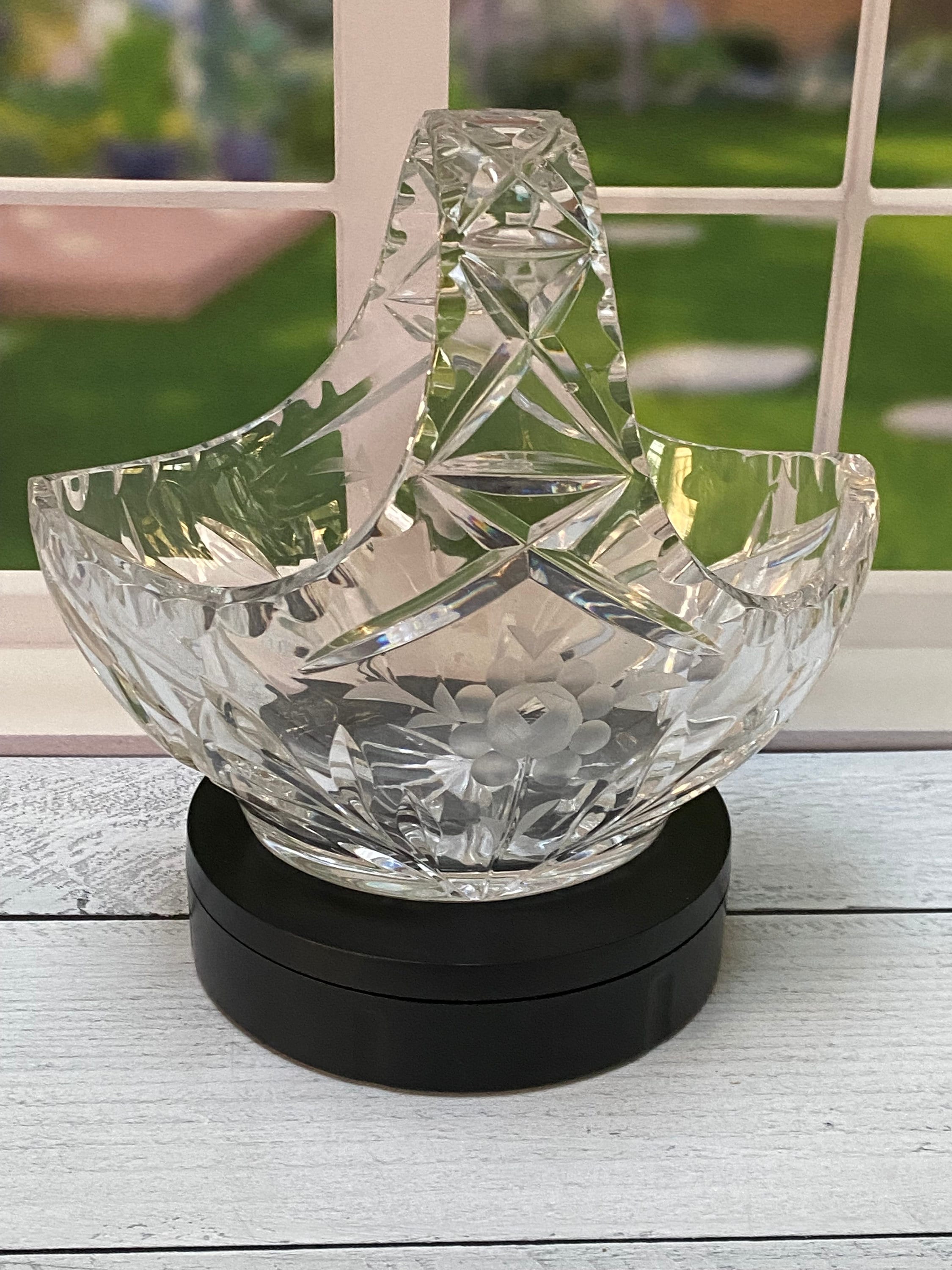 VTG Lead Crystal Clear Cut Glass Basket With Handle 8 in Tall