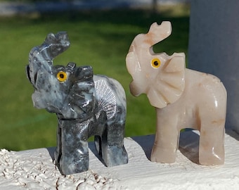 Set of 2 Small Carved Elephants Soapstone and Calcite Super Cute