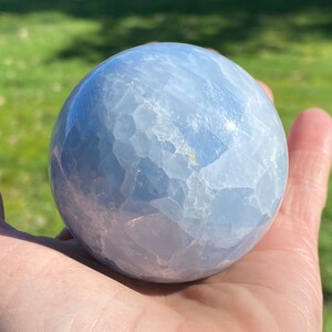 Natural Blue Calcite Quartz Sphere Crystal Ball Mineral Specimen | 335 g with Wooden Stand