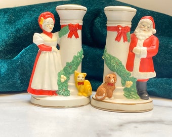 Porcelain Bisque MR & MRS Santa Candle Holder - Mr. and Mrs. Claus - Christmas Decoration -Xmas Home Decor - Holiday Candle Holders - Candle