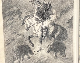 Vtg 1990 Herman Adams Montana Marble Etching Kabibanokka The North Wind - Native American Wall Art