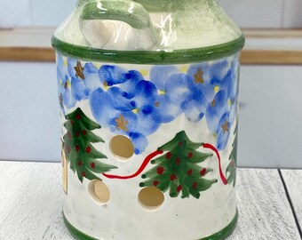 Vtg Ceramic Milk Jug Christmas Winter Scene Votive Candle Holder, 7x4.5”