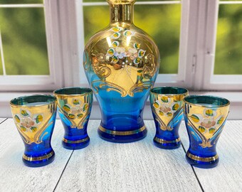 Vtg Bohemia Czechoslovakia Cobalt Blue Glass 24K Gold Enameled Decanter Set , Home Decor