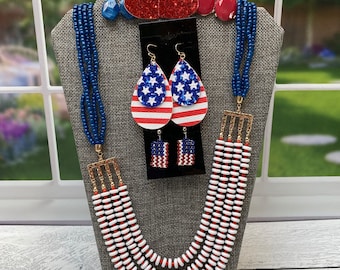 Patriotic Jewelry Set | 4th of July | Necklace and 5 Sets of Earrings | America