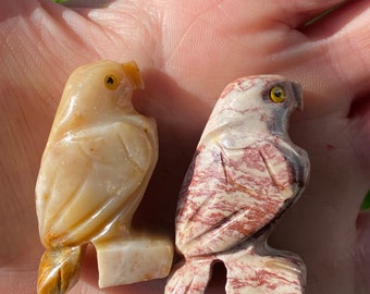 Set of 2 Hand Carved Stone Eagle Figurines Marble and Agate