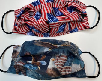100% Cotton Patriotic Face Mask, 3 layered, Reversible, Reusable, Washable with elastic ear pieces, patriotic face covering