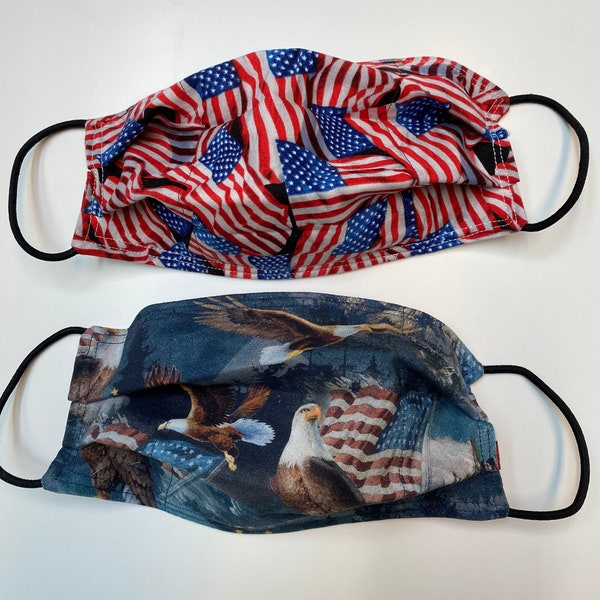 100% Cotton Patriotic Face Mask, 3 layered, Reversible, Reusable, Washable with elastic ear pieces, patriotic face covering