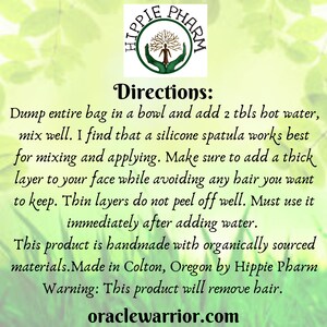 May include: Green and white logo with the text "Hippie Pharm" and a tree with a person standing in it. The text "Directions:" is written in black. The text below describes how to use the product, which is handmade with organically sourced materials. The text also states that the product will remove hair. The text "oraclewarrior.com" is written in black at the bottom of the image.