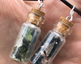 Floating Bottle Charm Pendants with Green or Black Tourmaline