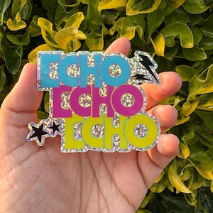 May include: A glittery pin with the word "ECHO" in three stacked rows. The top row is blue, the middle is pink, and the bottom is yellow. A black lightning bolt and two black stars are on the right and left sides.