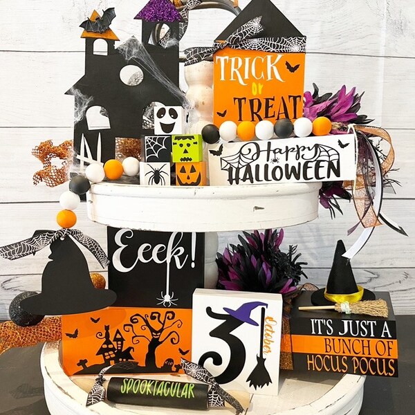 Halloween Tiered Tray, Halloween Wood Signs, Trick or Treat, Handmade Halloween Decor, Halloween Shelf Sitter, October 31, Happy Halloween
