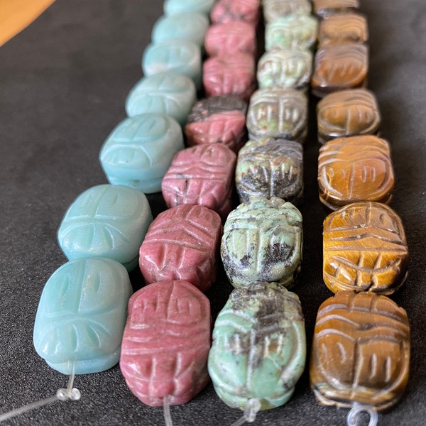 Genuine Gemstone Beads Amazonite 13x18mm Carved Scarab /Rhodonite/African Turquoise/Tiger Eye 13x18mm Carved Scarab 7.5 Inches.