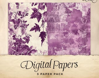 Purple Toile Junk Journal Digital Paper, 3 Digital Journal Pages, Printable Ephemera, Paper Craft, Collage Sheet 11 x 8.5, Rustic lilac