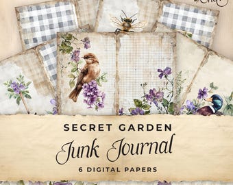 Purple Garden, Birds, Junk Journal Digital Paper, 6 Digital Journal Pages, Printable Ephemera Paper Craft, Collage Sheet 11 x 8.5, JJ057