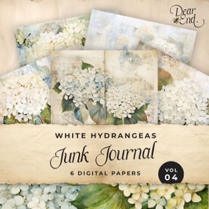 May include: Six digital papers featuring white hydrangeas in a vintage style. The papers are perfect for scrapbooking, card making, and other paper crafts. The papers are titled "White Hydrangeas Junk Journal Vol. 04".