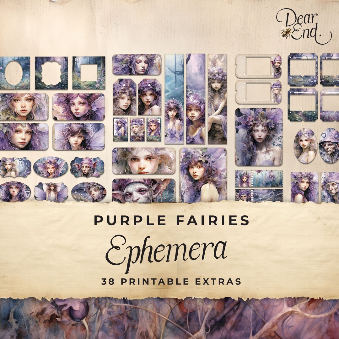 Purple Fairies Junk Journal Ephemera Cards, 38 Extras Pack, Floral ...