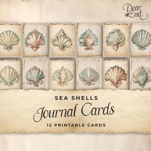 May include: Twelve printable journal cards featuring vintage illustrations of seashells in shades of brown, blue, and white on a beige background. The text "Sea Shells Journal Cards" and "12 Printable Cards" is printed below the images.