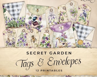 Purple Secret Garden Junk Journal Tags & Mini Envelopes, Extras Pack, Digital, Printable Ephemera Paper Craft, Collage Sheet 11 x 8.5, JJ057