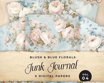Dusty Blue & Pink Floral Junk Journal Digital Paper, 6 Digital Journal Pages, Printable Ephemera, Paper Craft, Collage Sheet 11 x 8.5, JJ003