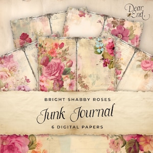 Roze Shabby Chic Junk Journal Digitaal Papier, Floral 6 Digitale Journal Pagina's, Afdrukbare Ephemera, Papier Ambacht, Collage Vel 11 x 8,5, JJ013