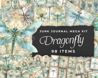 Junk Journal Kit &quot;Dragonfly&quot; - 98 Piece Floral Printable Papers, Tags, Ephemera, Paper Craft, Collage Sheet 11 x 8.5, JJ042