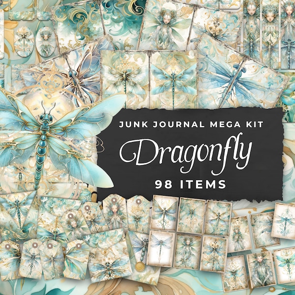 Junk Journal Kit "Dragonfly" - 98 Piece Floral Printable Papers, Tags, Ephemera, Paper Craft, Collage Sheet 11 x 8.5, JJ042