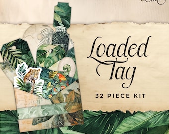 Loaded Tag Printable, Jungle Vintage, Monkey, Leopard, Leaves, Green, Junk Journal Folio, Ephemera Paper Craft, Collage Sheet 11 x 8.5