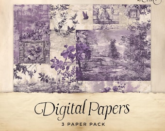 Purple Toile Junk Journal Digital Paper, 3 Digital Journal Pages, Printable Ephemera, Paper Craft, Collage Sheet 11 x 8.5, Rustic lilac