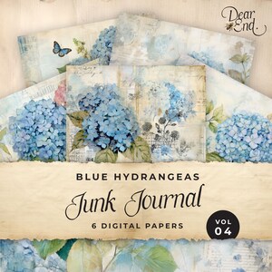 May include: A set of 6 digital papers featuring blue hydrangeas in a vintage style. The papers are perfect for scrapbooking, card making, and other paper crafts. The papers are titled "Blue Hydrangeas Junk Journal Vol. 04".