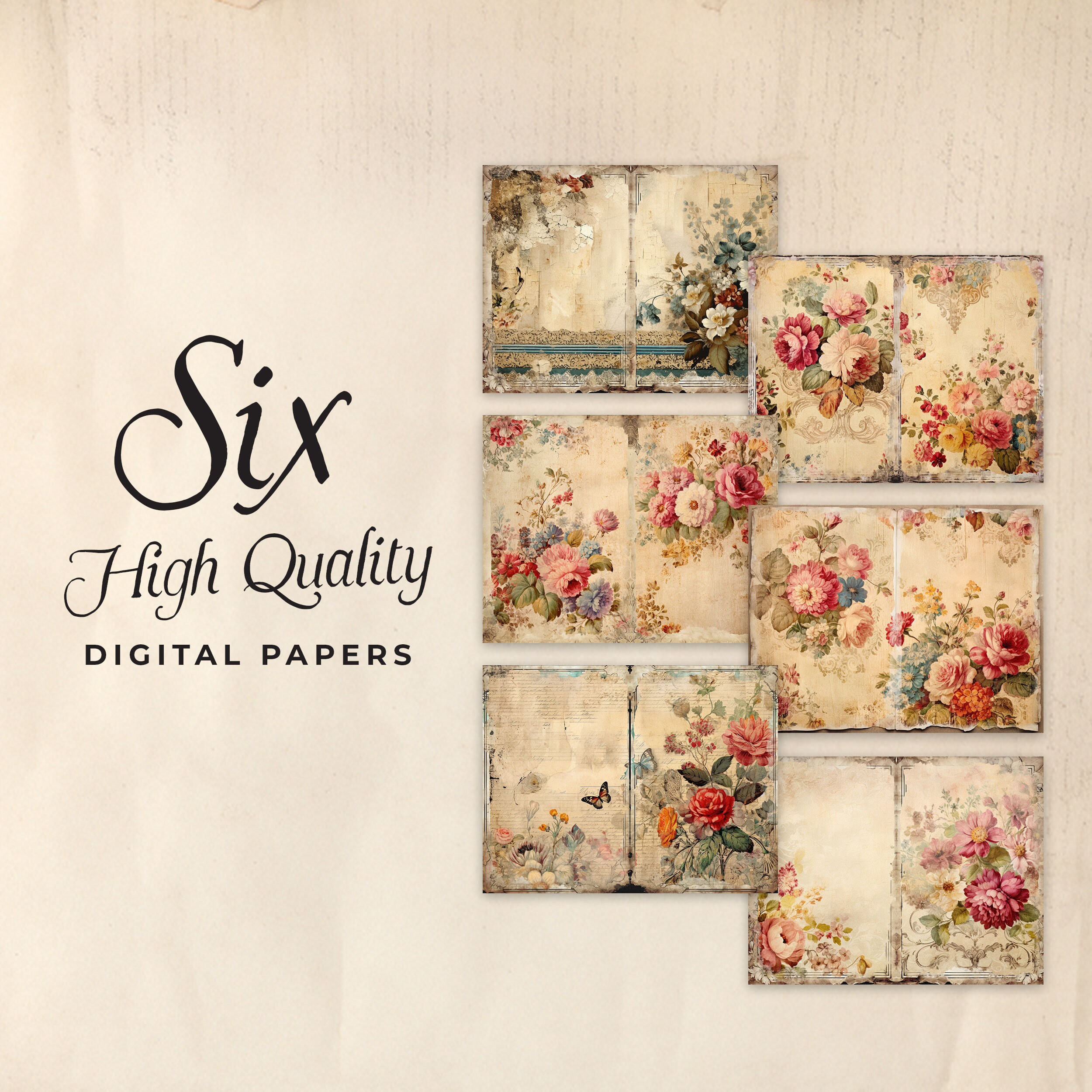 Shabby Chic Junk Journal Digital Paper, Floral 6 Digital Journal Pages ...