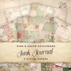 Papier numérique pour journal indésirable patchwork rose et vert, 6 pages de journal numérique floral, éphémères imprimables, créations en papier, feuille de collage 11 x 8,5