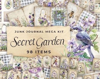 Junk Journal Kit "Secret Garden" - 98 Piece Floral Printable Papers, Tags, Ephemera, Paper Craft, Collage Sheet 11 x 8.5, JJ048