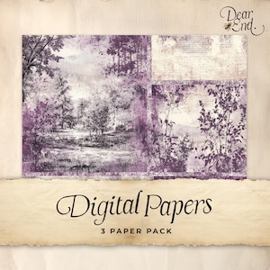 Papel digital para diario basura en toile morado, 3 páginas para diario digital, efímera imprimible, manualidad de papel, hoja de collage de 11 x 8,5, lila rústico
