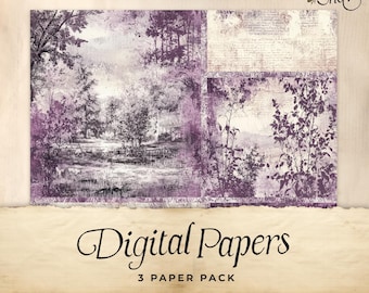 Purple Toile Junk Journal Digital Paper, 3 Digital Journal Pages, Printable Ephemera, Paper Craft, Collage Sheet 11 x 8.5, Rustic lilac